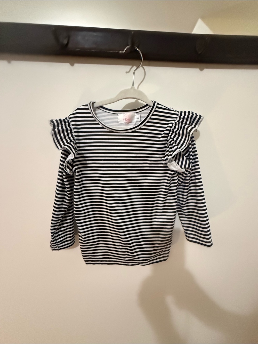 Striped Ruffle Shoulder Long-Sleeve Tee - Black & White